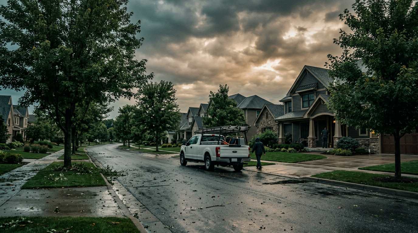 Service vehicle parked in residential neighborhood under storm clouds